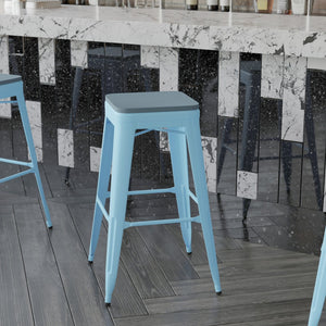 English Elm Cierra Set of 4 Commercial-Grade Backless Metal Bar Stools for Stylish, Durable Indoor Seating Teal-Blue Resin Wood Seat/Teal Frame 30"H 4-ET-31320-30-TL-R-PL2C-GG