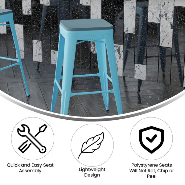 English Elm Cierra Set of 4 Commercial-Grade Backless Metal Bar Stools for Stylish, Durable Indoor Seating Teal-Blue Resin Wood Seat/Teal Frame 30"H 4-ET-31320-30-TL-R-PL2C-GG