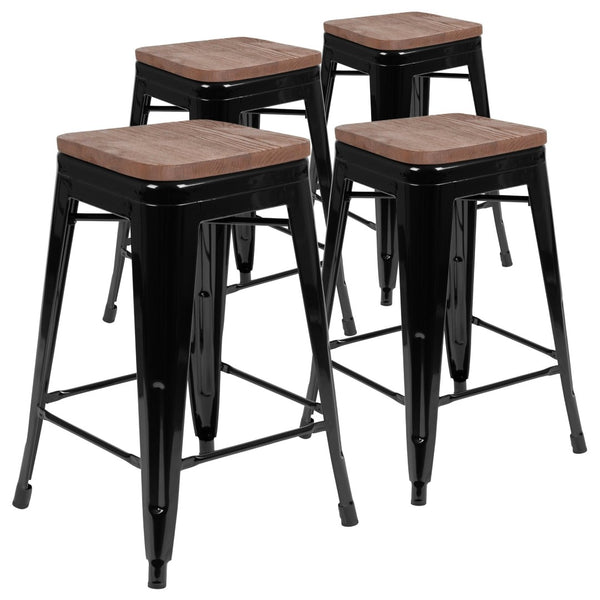 English Elm Cierra 24" High Metal Counter-Height Stools - Stylish Stackable Set of 4 for Modern Spaces Black 24"H 4-ET-31320W-24-BK-R-GG