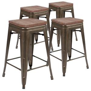 English Elm Cierra 24" High Metal Counter-Height Stools - Stylish Stackable Set of 4 for Modern Spaces Gun Metal 24"H 4-ET-31320W-24-GN-R-GG