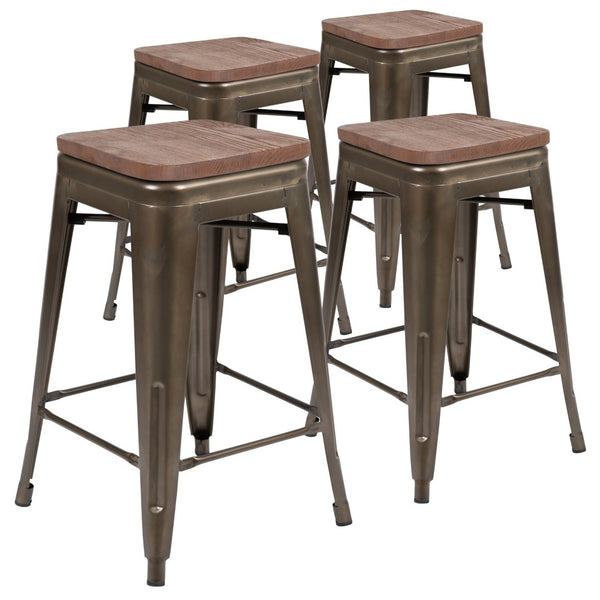 English Elm Cierra 24" High Metal Counter-Height Stools - Stylish Stackable Set of 4 for Modern Spaces Gun Metal 24"H 4-ET-31320W-24-GN-R-GG