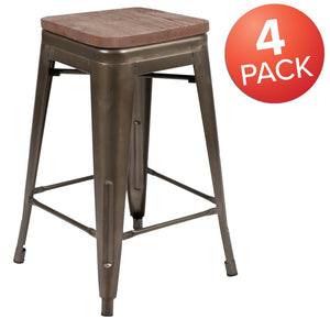 English Elm Cierra 24" High Metal Counter-Height Stools - Stylish Stackable Set of 4 for Modern Spaces Gun Metal 24"H 4-ET-31320W-24-GN-R-GG