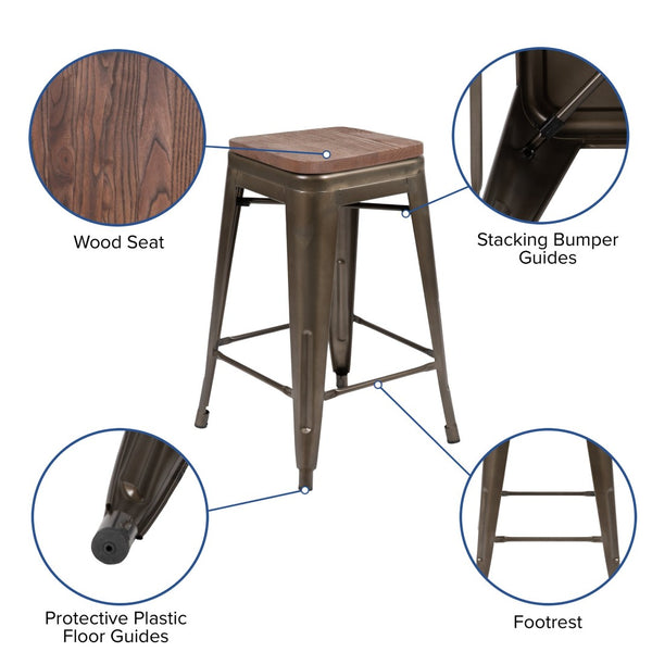 English Elm Cierra 24" High Metal Counter-Height Stools - Stylish Stackable Set of 4 for Modern Spaces Gun Metal 24"H 4-ET-31320W-24-GN-R-GG
