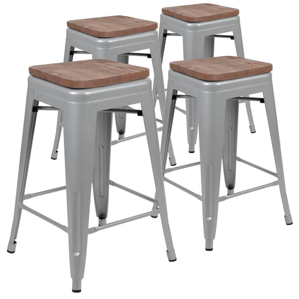 English Elm Cierra 24" High Metal Counter-Height Stools - Stylish Stackable Set of 4 for Modern Spaces Silver 24"H 4-ET-31320W-24-SV-R-GG
