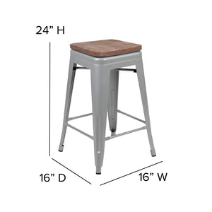English Elm Cierra 24" High Metal Counter-Height Stools - Stylish Stackable Set of 4 for Modern Spaces Silver 24"H 4-ET-31320W-24-SV-R-GG