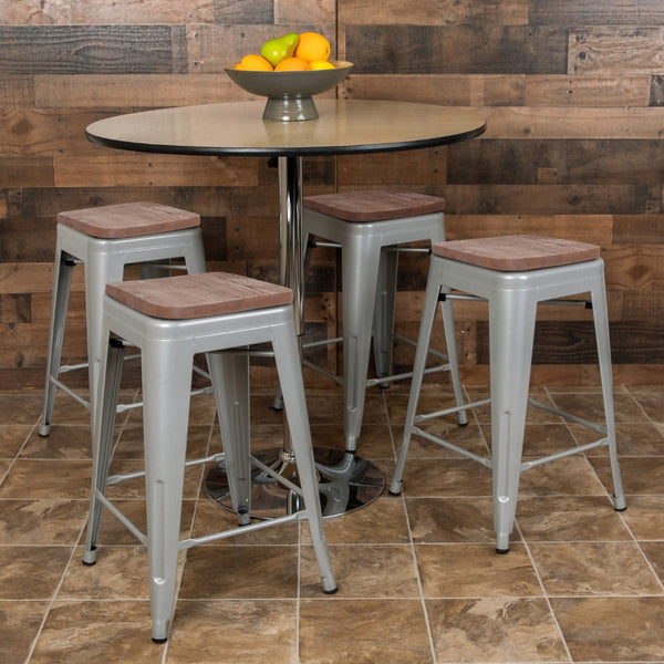 English Elm Cierra 24" High Metal Counter-Height Stools - Stylish Stackable Set of 4 for Modern Spaces Silver 24"H 4-ET-31320W-24-SV-R-GG