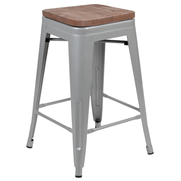 English Elm Cierra 24" High Metal Counter-Height Stools - Stylish Stackable Set of 4 for Modern Spaces Silver 24"H 4-ET-31320W-24-SV-R-GG