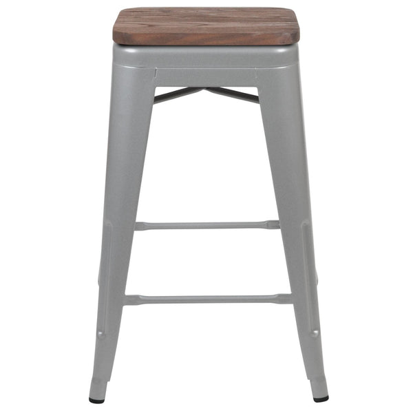 English Elm Cierra 24" High Metal Counter-Height Stools - Stylish Stackable Set of 4 for Modern Spaces Silver 24"H 4-ET-31320W-24-SV-R-GG