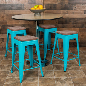 English Elm Cierra 24" High Metal Counter-Height Stools - Stylish Stackable Set of 4 for Modern Spaces Teal 24"H 4-ET-31320W-24-TL-R-GG