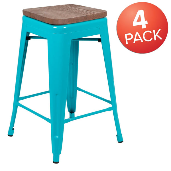English Elm Cierra 24" High Metal Counter-Height Stools - Stylish Stackable Set of 4 for Modern Spaces Teal 24"H 4-ET-31320W-24-TL-R-GG