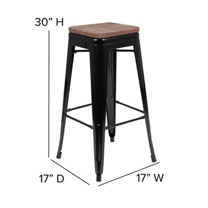 English Elm Cierra Stackable Metal Bar Stools Set of 4 with Durable Wood Seats for Modern Home and Commercial Use Black 30"H 4-ET-31320W-30-BK-R-GG