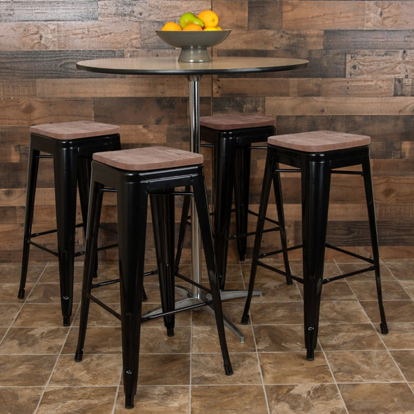 English Elm Cierra Stackable Metal Bar Stools Set of 4 with Durable Wood Seats for Modern Home and Commercial Use Black 30"H 4-ET-31320W-30-BK-R-GG