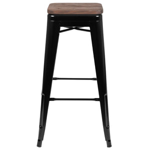 English Elm Cierra Stackable Metal Bar Stools Set of 4 with Durable Wood Seats for Modern Home and Commercial Use Black 30"H 4-ET-31320W-30-BK-R-GG