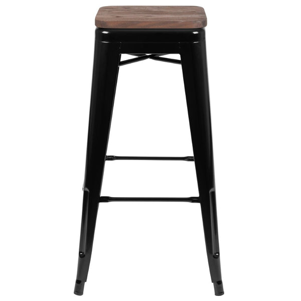 English Elm Cierra Stackable Metal Bar Stools Set of 4 with Durable Wood Seats for Modern Home and Commercial Use Black 30"H 4-ET-31320W-30-BK-R-GG