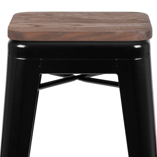 English Elm Cierra Stackable Metal Bar Stools Set of 4 with Durable Wood Seats for Modern Home and Commercial Use Black 30"H 4-ET-31320W-30-BK-R-GG