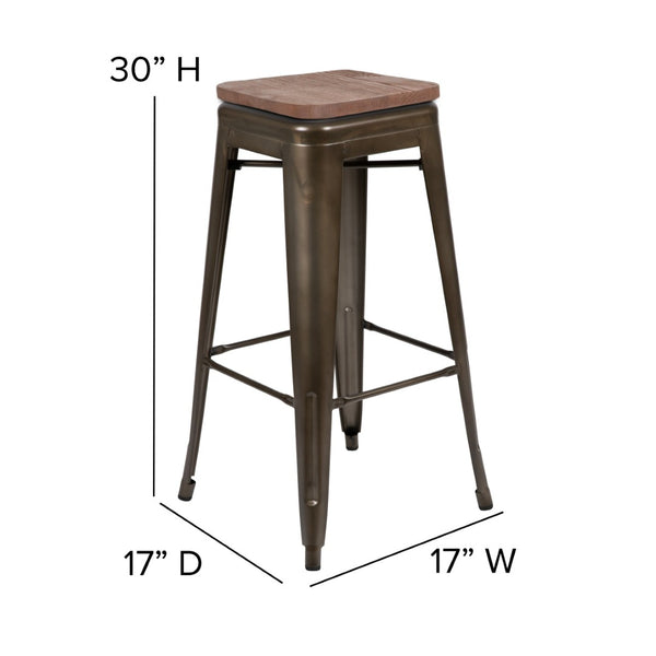 English Elm Cierra Stackable Metal Bar Stools Set of 4 with Durable Wood Seats for Modern Home and Commercial Use Gun Metal 30"H 4-ET-31320W-30-GN-R-GG