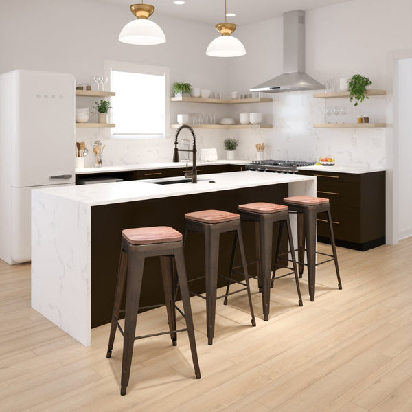 English Elm Cierra Stackable Metal Bar Stools Set of 4 with Durable Wood Seats for Modern Home and Commercial Use Gun Metal 30"H 4-ET-31320W-30-GN-R-GG