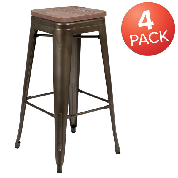 English Elm Cierra Stackable Metal Bar Stools Set of 4 with Durable Wood Seats for Modern Home and Commercial Use Gun Metal 30"H 4-ET-31320W-30-GN-R-GG