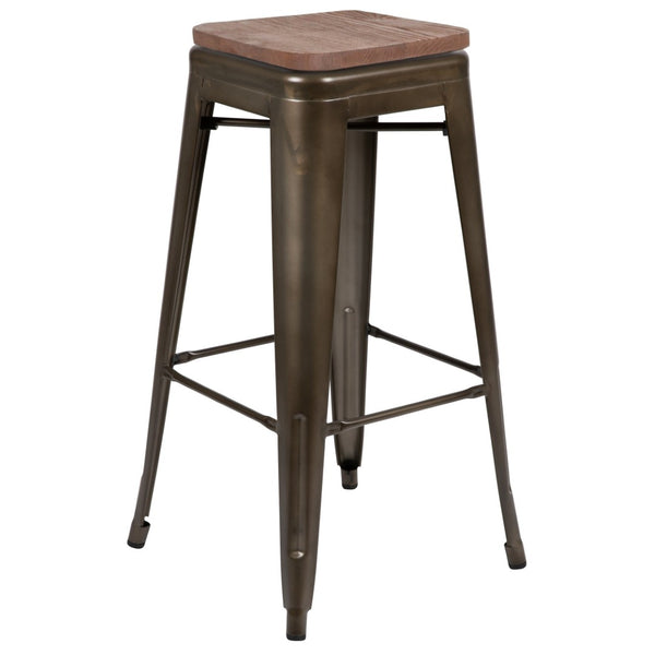 English Elm Cierra Stackable Metal Bar Stools Set of 4 with Durable Wood Seats for Modern Home and Commercial Use Gun Metal 30"H 4-ET-31320W-30-GN-R-GG