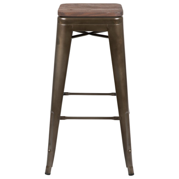 English Elm Cierra Stackable Metal Bar Stools Set of 4 with Durable Wood Seats for Modern Home and Commercial Use Gun Metal 30"H 4-ET-31320W-30-GN-R-GG