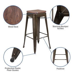 English Elm Cierra Stackable Metal Bar Stools Set of 4 with Durable Wood Seats for Modern Home and Commercial Use Gun Metal 30"H 4-ET-31320W-30-GN-R-GG