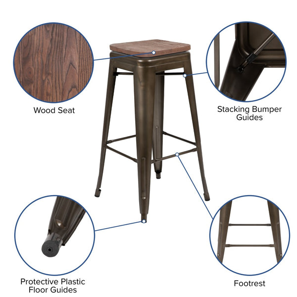 English Elm Cierra Stackable Metal Bar Stools Set of 4 with Durable Wood Seats for Modern Home and Commercial Use Gun Metal 30"H 4-ET-31320W-30-GN-R-GG