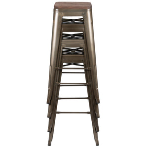 English Elm Cierra Stackable Metal Bar Stools Set of 4 with Durable Wood Seats for Modern Home and Commercial Use Gun Metal 30"H 4-ET-31320W-30-GN-R-GG