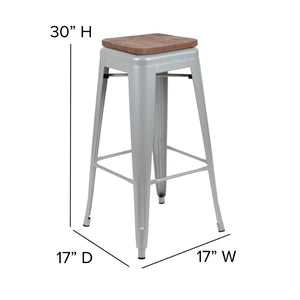 English Elm Cierra Stackable Metal Bar Stools Set of 4 with Durable Wood Seats for Modern Home and Commercial Use Silver 30"H 4-ET-31320W-30-SV-R-GG