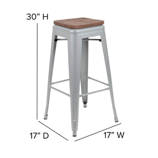 English Elm Cierra Stackable Metal Bar Stools Set of 4 with Durable Wood Seats for Modern Home and Commercial Use Silver 30"H 4-ET-31320W-30-SV-R-GG