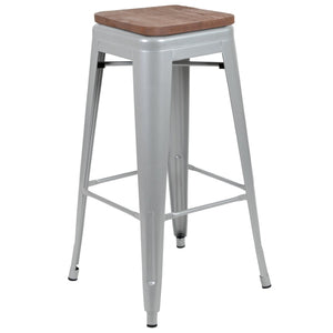 English Elm Cierra Stackable Metal Bar Stools Set of 4 with Durable Wood Seats for Modern Home and Commercial Use Silver 30"H 4-ET-31320W-30-SV-R-GG