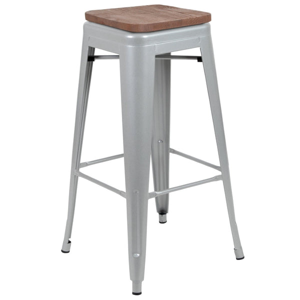 English Elm Cierra Stackable Metal Bar Stools Set of 4 with Durable Wood Seats for Modern Home and Commercial Use Silver 30"H 4-ET-31320W-30-SV-R-GG