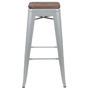 English Elm Cierra Stackable Metal Bar Stools Set of 4 with Durable Wood Seats for Modern Home and Commercial Use Silver 30"H 4-ET-31320W-30-SV-R-GG