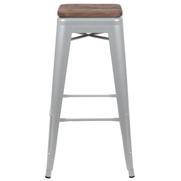 English Elm Cierra Stackable Metal Bar Stools Set of 4 with Durable Wood Seats for Modern Home and Commercial Use Silver 30"H 4-ET-31320W-30-SV-R-GG