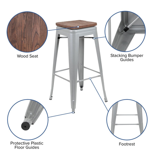 English Elm Cierra Stackable Metal Bar Stools Set of 4 with Durable Wood Seats for Modern Home and Commercial Use Silver 30"H 4-ET-31320W-30-SV-R-GG