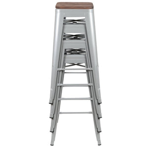 English Elm Cierra Stackable Metal Bar Stools Set of 4 with Durable Wood Seats for Modern Home and Commercial Use Silver 30"H 4-ET-31320W-30-SV-R-GG