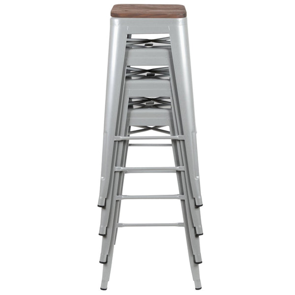 English Elm Cierra Stackable Metal Bar Stools Set of 4 with Durable Wood Seats for Modern Home and Commercial Use Silver 30"H 4-ET-31320W-30-SV-R-GG
