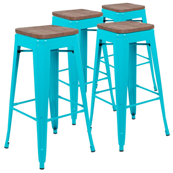 English Elm Cierra Stackable Metal Bar Stools Set of 4 with Durable Wood Seats for Modern Home and Commercial Use Teal 30"H 4-ET-31320W-30-TL-R-GG