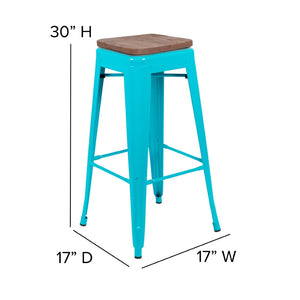English Elm Cierra Stackable Metal Bar Stools Set of 4 with Durable Wood Seats for Modern Home and Commercial Use Teal 30"H 4-ET-31320W-30-TL-R-GG