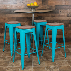 English Elm Cierra Stackable Metal Bar Stools Set of 4 with Durable Wood Seats for Modern Home and Commercial Use Teal 30"H 4-ET-31320W-30-TL-R-GG