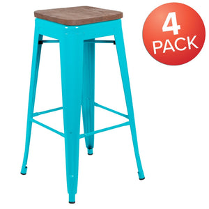 English Elm Cierra Stackable Metal Bar Stools Set of 4 with Durable Wood Seats for Modern Home and Commercial Use Teal 30"H 4-ET-31320W-30-TL-R-GG
