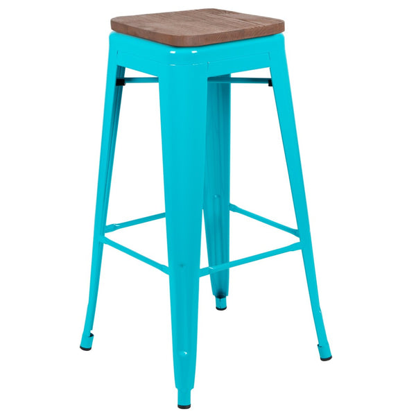 English Elm Cierra Stackable Metal Bar Stools Set of 4 with Durable Wood Seats for Modern Home and Commercial Use Teal 30"H 4-ET-31320W-30-TL-R-GG