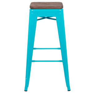 English Elm Cierra Stackable Metal Bar Stools Set of 4 with Durable Wood Seats for Modern Home and Commercial Use Teal 30"H 4-ET-31320W-30-TL-R-GG