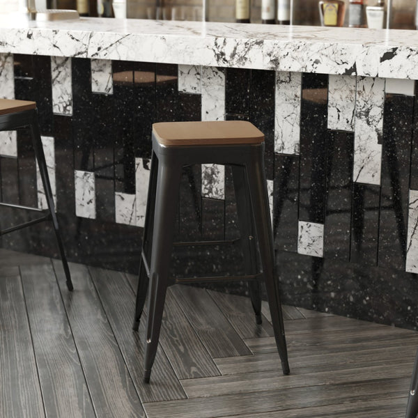 English Elm Perry Poly Resin Square Replacement Seats for Stylish Metal Barstools in All-Weather Durability Teak 4-JJ-SEA-PL02-TEAK-GG