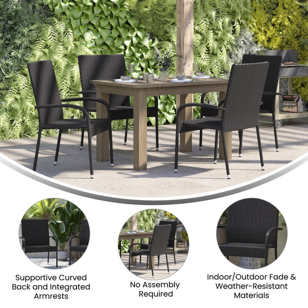 English Elm Maxim Set of 4 Stackable Wicker Dining Chairs with Lumbar Support - Durable Weather-Resistant Design Black 4-TW-3WBE073-BK-GG
