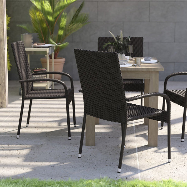 English Elm Maxim Set of 4 Stackable Wicker Dining Chairs with Lumbar Support - Durable Weather-Resistant Design Espresso 4-TW-3WBE073-ESP-GG