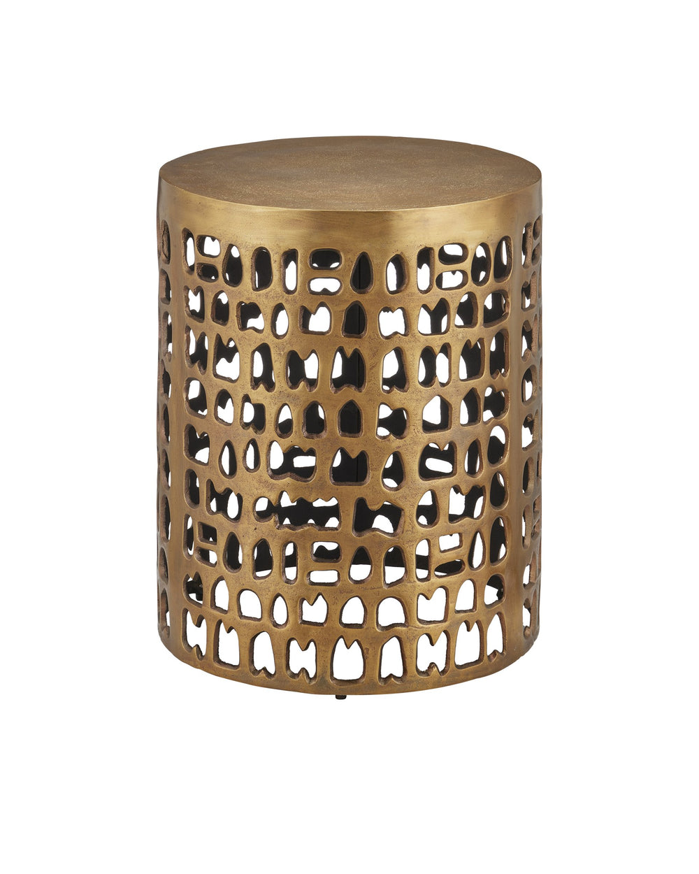 Currey & Company Alvar Antique Gold Drum Side Table Handcrafted Tribal Cutout Folk Modern Accent 4000-0011