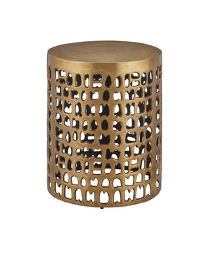 Currey & Company Alvar Antique Gold Drum Side Table Handcrafted Tribal Cutout Folk Modern Accent 4000-0011