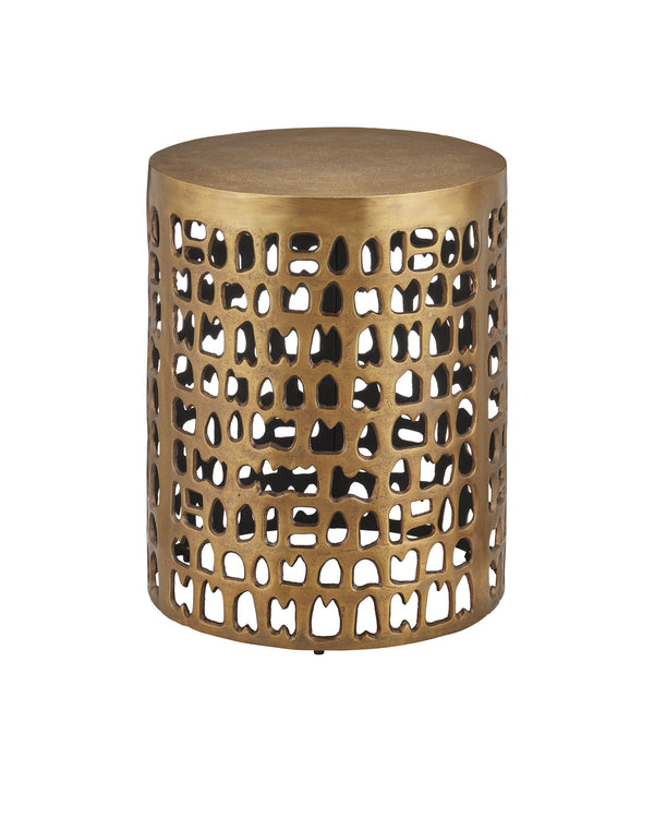 Currey & Company Alvar Antique Gold Drum Side Table Handcrafted Tribal Cutout Folk Modern Accent 4000-0011