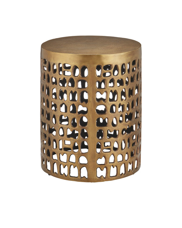 Currey & Company Alvar Antique Gold Drum Side Table Handcrafted Tribal Cutout Folk Modern Accent 4000-0011