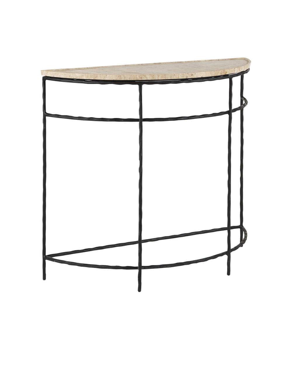Currey & Company Boyles Natural Travertine Half Moon Console Table with Forged Iron Base Entryway 4000-0138